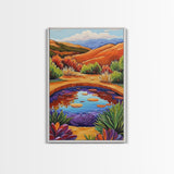 Pond Reflection, Nature, Desert, Framed Canvas Print tranquil desert pond painting, colorful reflection landscape art,  entryway wall decor