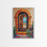 Doorway Ocean, View, Escape, Framed Canvas Print, Mediterranean coastal decor, boho travel wall art, vibrant entryway art, hallway decor
