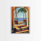 Swing Ocean, Tropical, Archway, Framed Canvas Print, Beach retreat wall art, vibrant tropical decor, Bedroom or Bathroom Wall Art