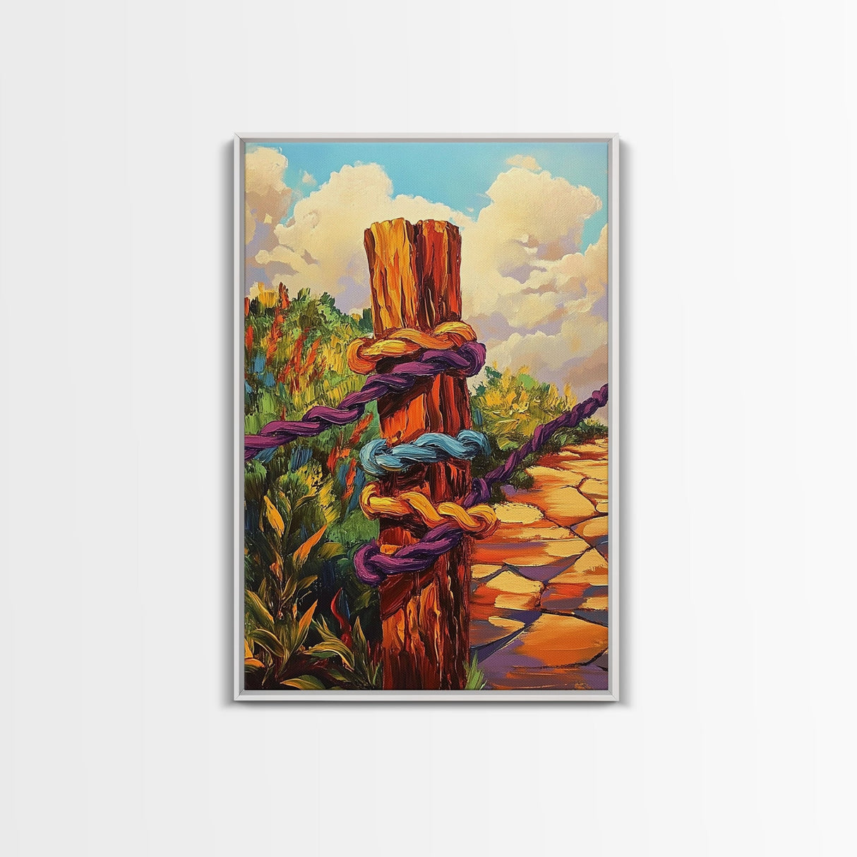 Post Rope, Path, Nature, Canvas Print, rustic fence art, countryside boho decor, vibrant outdoor scene, cozy cabin wall art, hallway style
