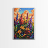 Vibrant Autumn, Blooms, Landscape, Framed Canvas Print, Bright Wildflower Artwork, Living Room Wall Art, Colorful Fall Floral Boho Painting
