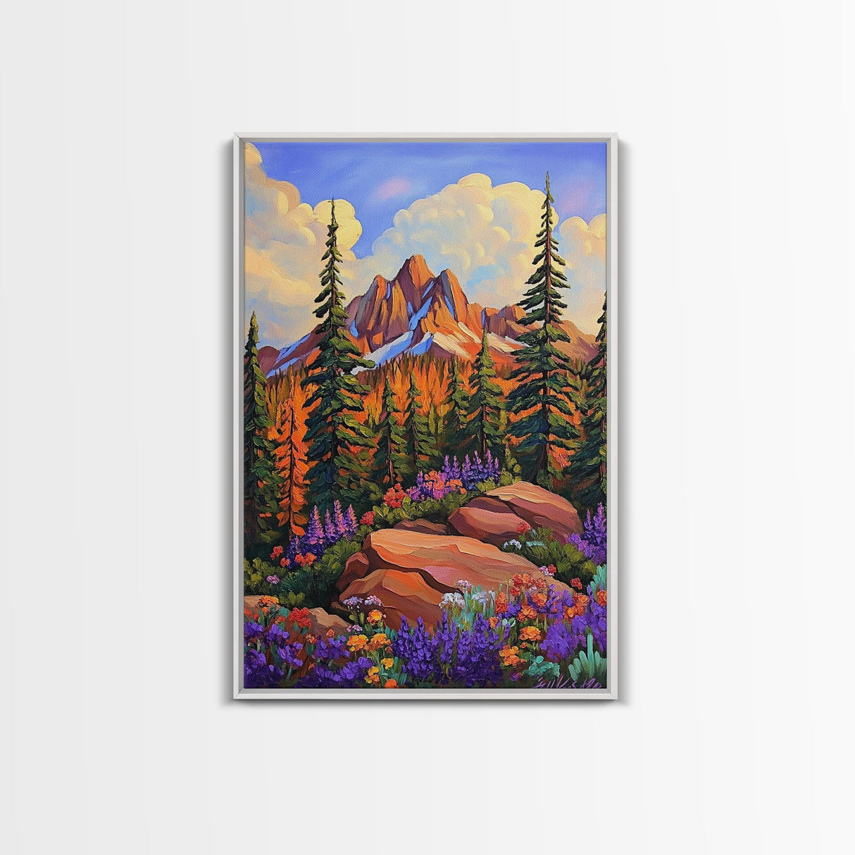Mountain Forest, Wildflowers, Scenic, Framed Canvas Print, Nature Lover Gift, Cabin Decor, Rustic Living Room Art, Woodland Landscape