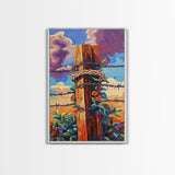 Fence Flowers, Sky, Bold, Framed Canvas Print, western barbed wire wall art, farmhouse boho style, sunset rustic decor, entryway or den