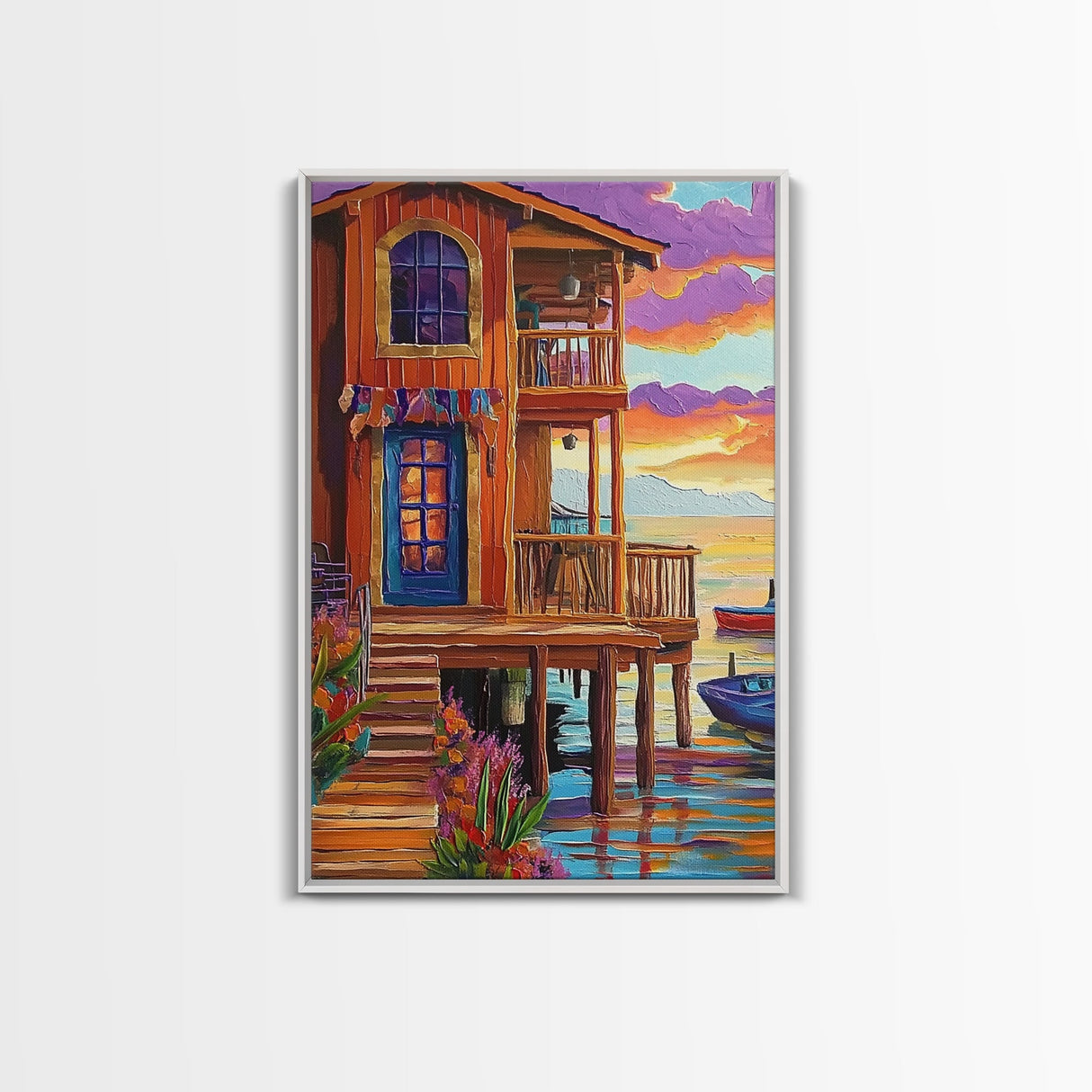 Tropical Sunset, House, Dock, Framed Canvas Print vibrant coastal house wall art, beach wall decor, sunset painting, tropical room decor
