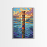 Tribal Water, Pole, Peaceful, Framed Canvas Print tranquil ocean pole artwork, tribal inspired sea painting, boho decor, hallway wall art
