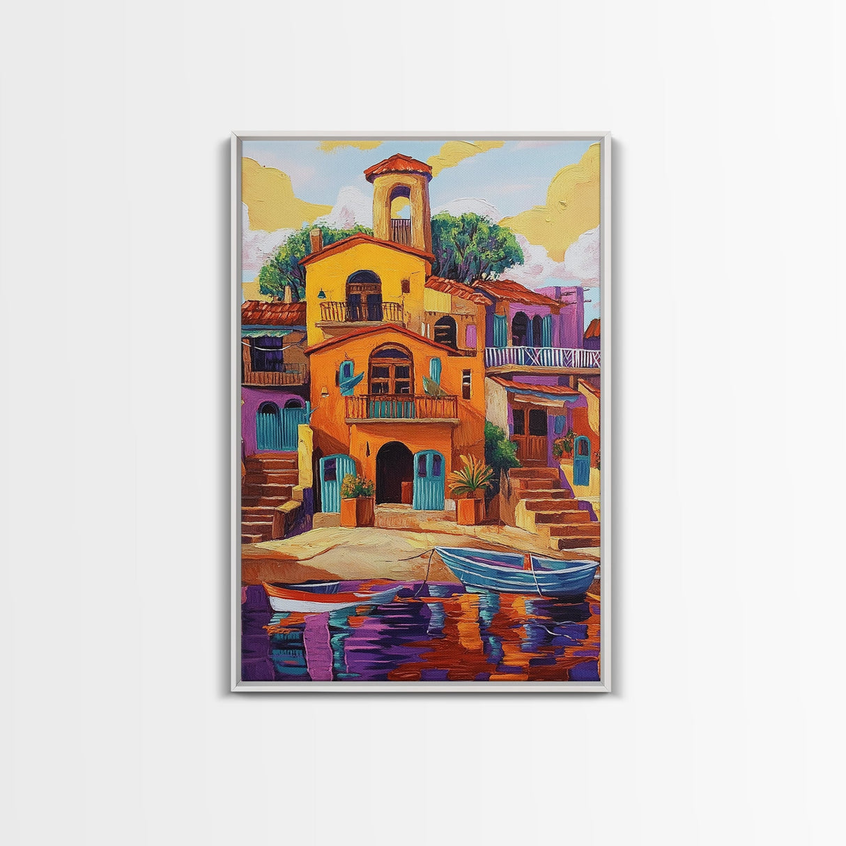 Village Boats, Reflections, Summer, Framed Canvas Print, coastal village wall art, Mediterranean canvas, kitchen decor, nautical rustic home
