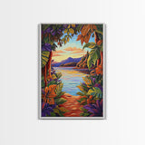 Tropical Lake, Sunset, Leaves, Canvas Print colorful tropical art, jungle boho decor, vibrant beach house wall art, exotic nature room print