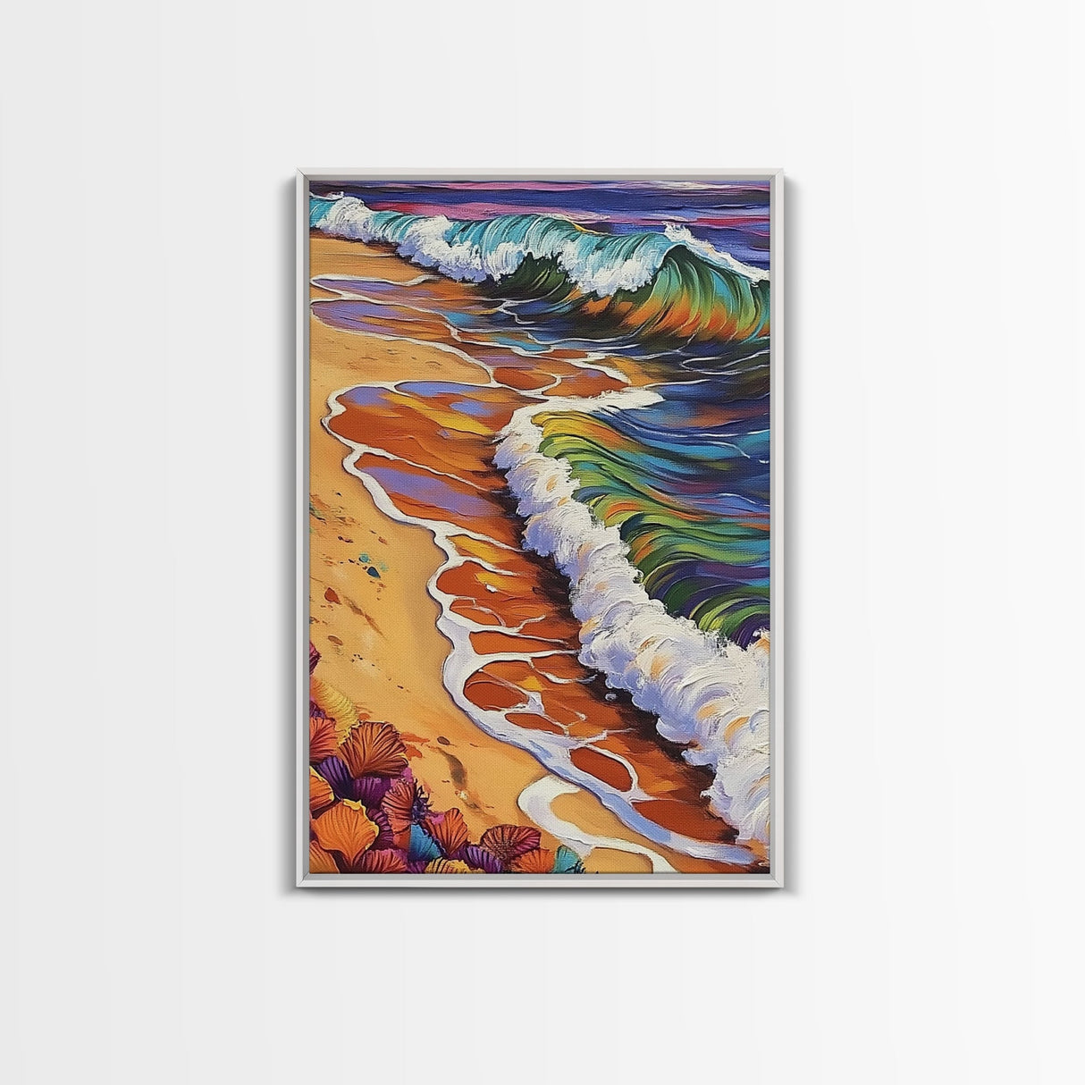 Beach Waves, Sunset, Framed Canvas Print, Vibrant Coastal Wall Art, Tropical Ocean Decor, Colorful Living Room Wall Art, Boho Beach Print