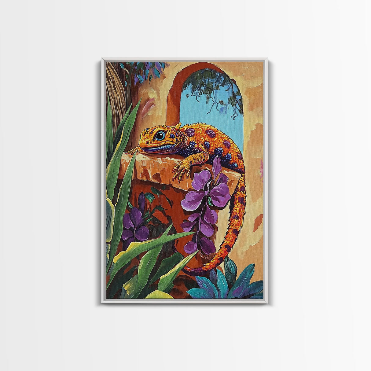 Gecko Tropical, Garden, Framed Canvas Print, Colorful Lizard Art, Desert Wall Decor, Nature Inspired Boho Art, Bathroom art,  Patio Wall Art