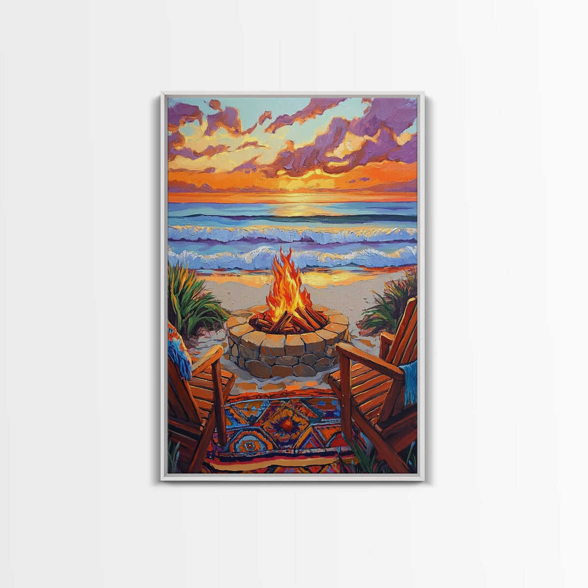 Firepit Sunset, Beach, Chairs, Canvas Print, cozy beach fire art, boho sunset vibes, fall bonfire wall decor, living room or patio