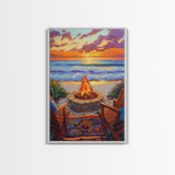 Firepit Sunset, Beach, Chairs, Canvas Print, cozy beach fire art, boho sunset vibes, fall bonfire wall decor, living room or patio