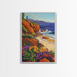 Ocean Cactus, Sunset, Framed Canvas Print, Southwest Coastal Art, Desert Beach Wall Decor, Colorful Nature Scene, Bathroom Wall Art