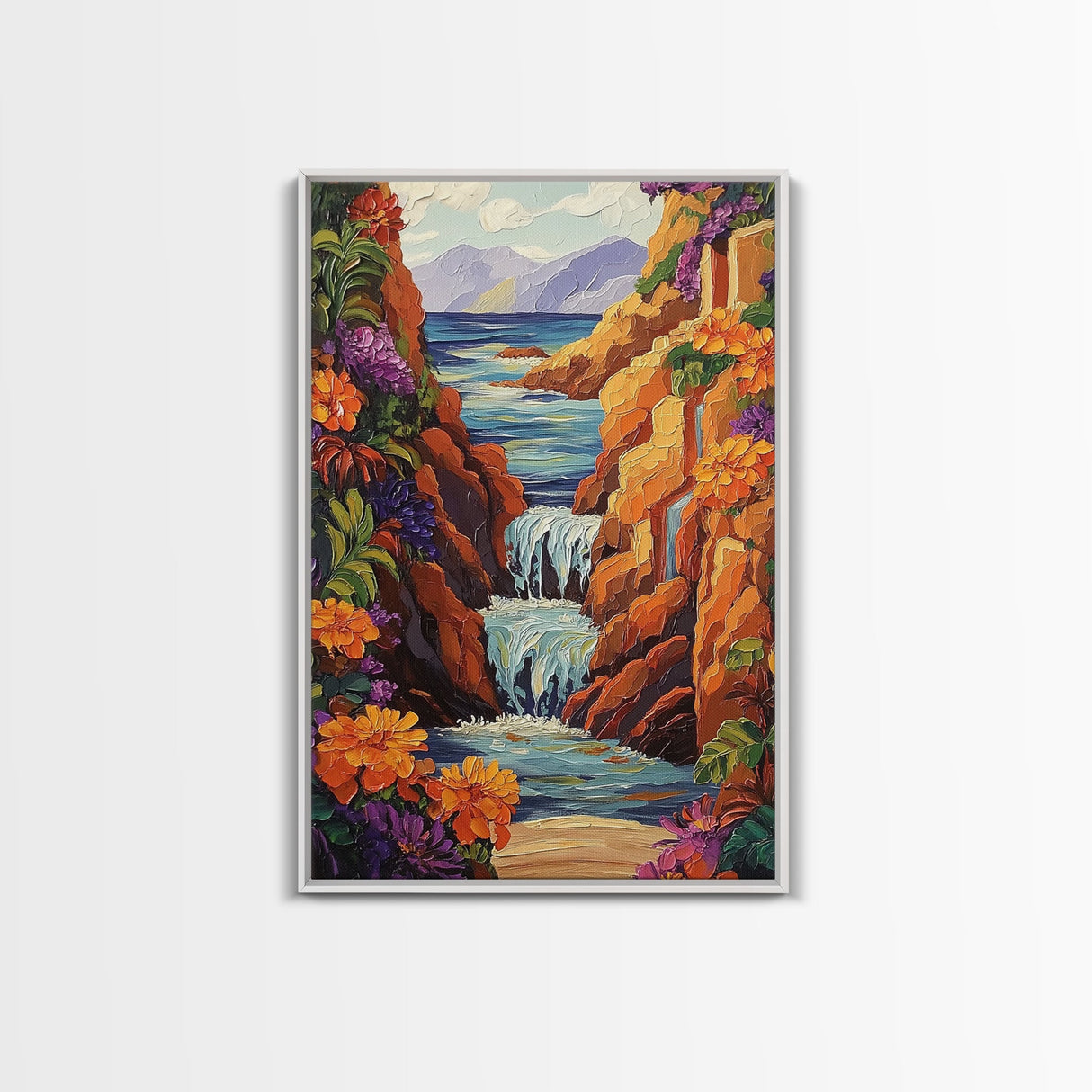 Waterfall Cliffs, Ocean, Framed Canvas Print, Tropical Canyon Wall Art, Colorful Nature Inspired Decor, Bathroom art, Entryway Wall Art