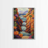 Waterfall Cliffs, Ocean, Framed Canvas Print, Tropical Canyon Wall Art, Colorful Nature Inspired Decor, Bathroom art, Entryway Wall Art