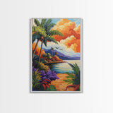 Sunset Palms, Ocean, Autumn, Framed Canvas Print coastal tropical wall art, bold sunset palm decor, boho living room art, beach house vibe
