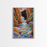 Waterfall Arch, Canyon, Coastal, Framed Canvas Print dramatic coastal waterfall painting, colorful canyon ocean view, nature boho decor