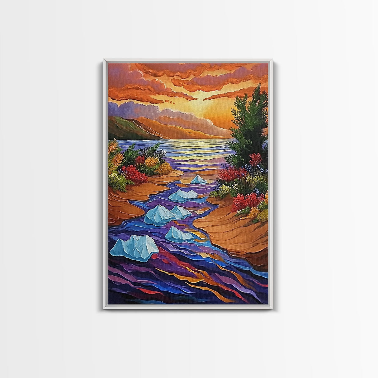 Icebergs River, Sunset, Autumn, Framed Canvas Print colorful autumn iceberg painting, vibrant sunset water flow, fall landscape wall art