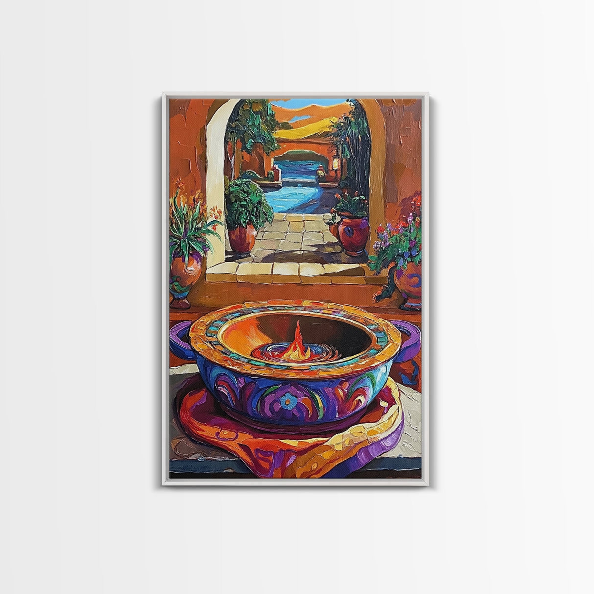 Fire Pottery, Patio, Colorful Framed Canvas Print, Rustic Kitchen Wall Art, Hacienda Style Decor, Bold Mexican Art, Autumn Home Accent