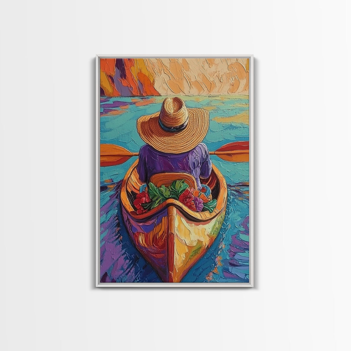Hat River, Canoe, Bright Framed Canvas Print, Relaxing Boho Wall Art, Colorful Nature Lover Gift, Unique Summer Travel Vibes