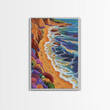 Cliff Shoreline, Ocean, Flowers, Framed Canvas Print, coastal boho art, colorful seascape, beach lover gift, bathroom or hallway art
