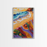 Shore Blanket, Waves, Golden, Canvas Print, tropical boho decor, beach sunset wall art, oceanview relaxation scene, summer bathroom decor