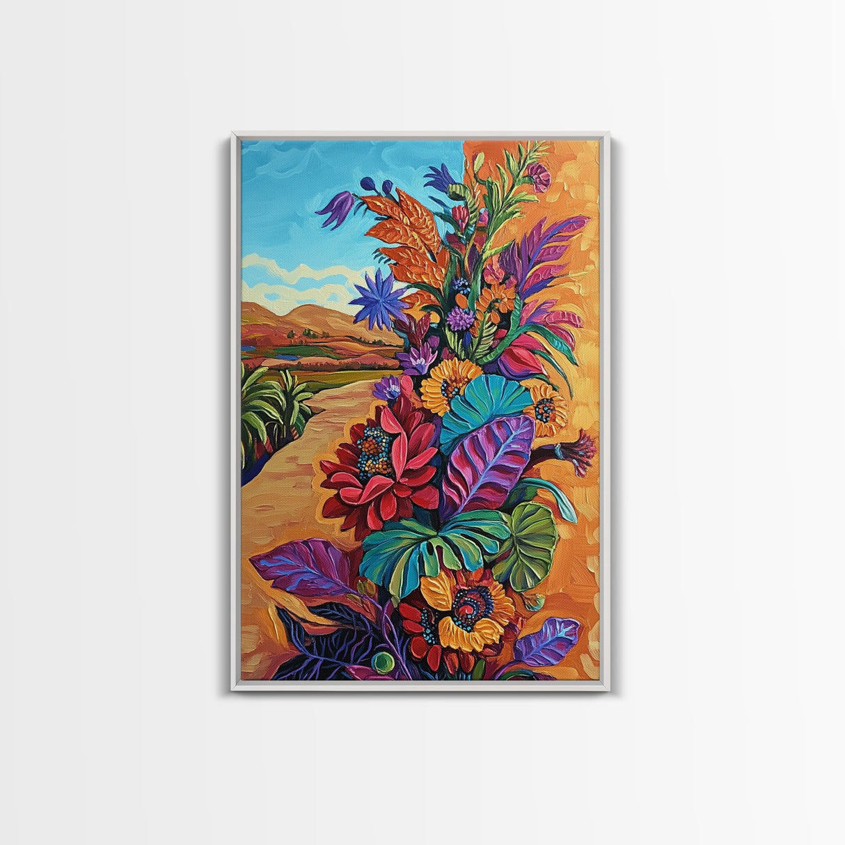 Desert Blooms Roadside, Boho, Framed Canvas Print, Wild Desert Bloom Art, Colorful Flower Canvas, Garden Wall Decor, Southwest Living Room