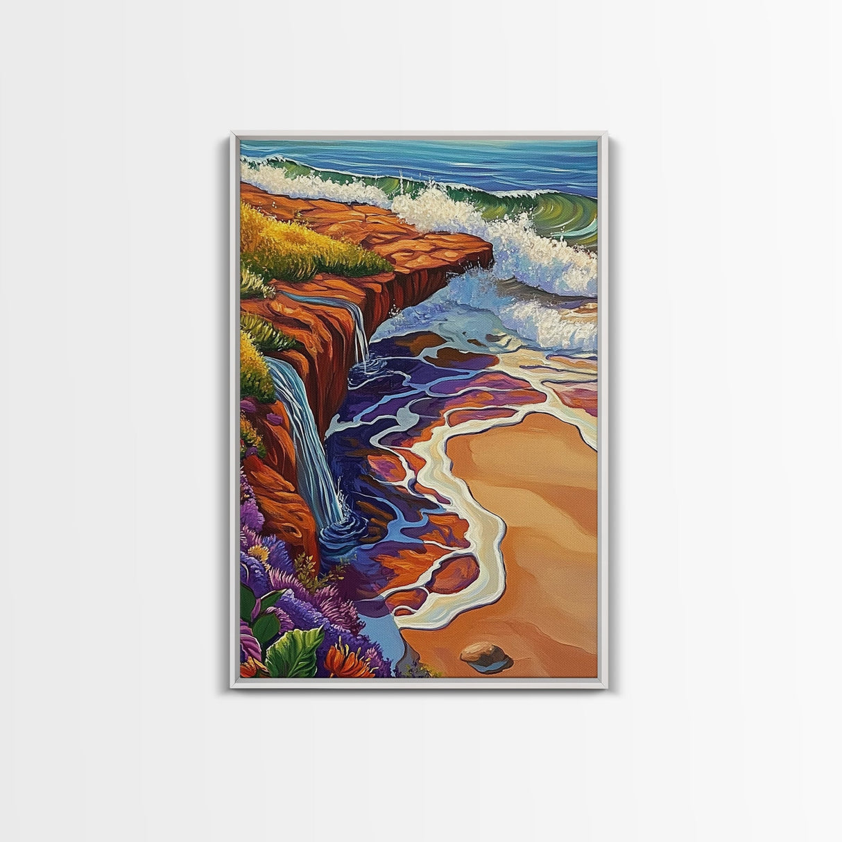 Waterfall Beach, Sunset, Coastal Landscape Framed Canvas Print, Colorful Ocean Wall Decor, Living Room Coastal Art, Seaside Painting