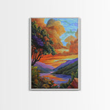 Sunset Lake, Tree, Vivid Nature Framed Canvas Print, Autumn Scenic Wall Art, Bedroom Fall Landscape Decor, Impressionist Style