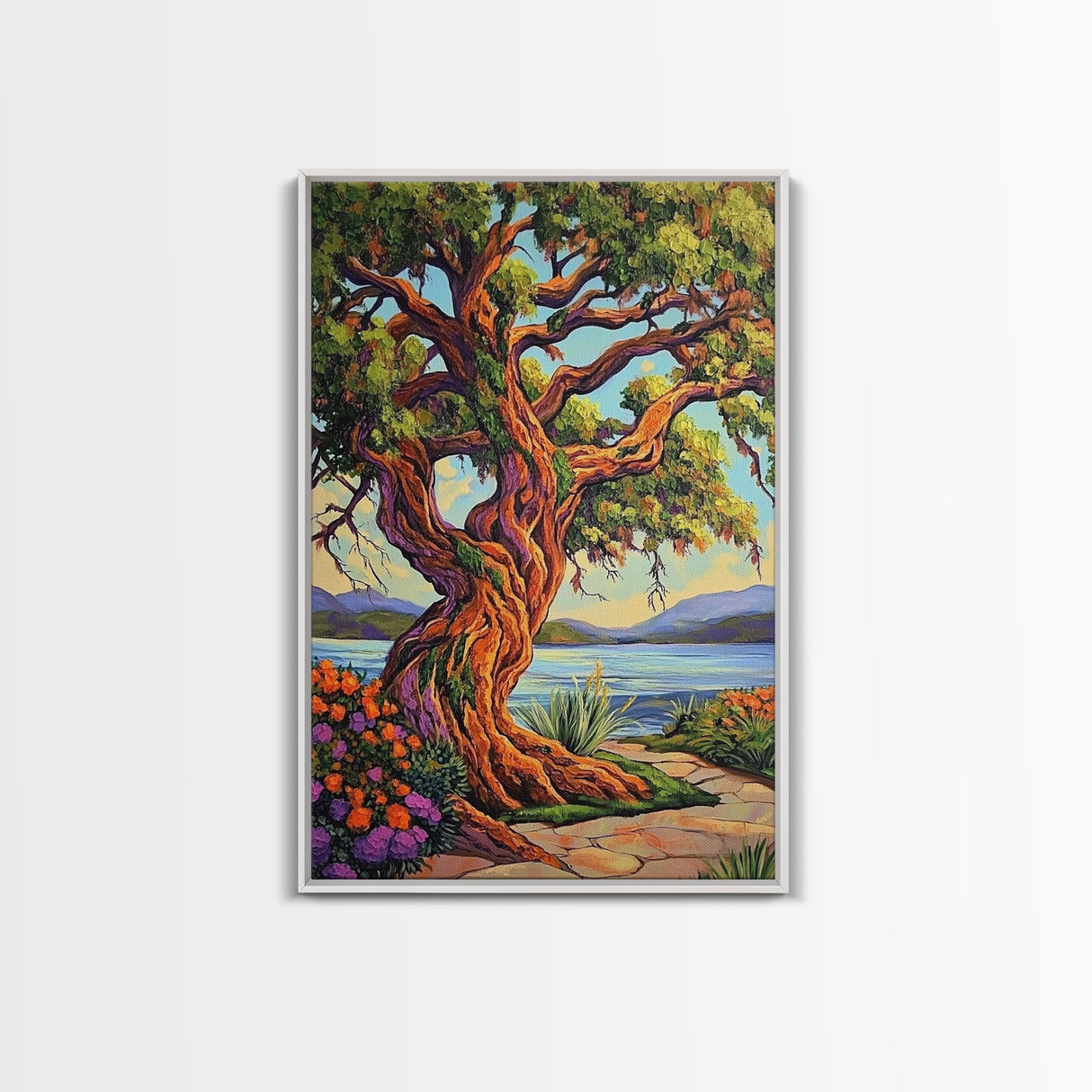 Majestic Tree, Lakeside, Sunset Canvas Print, Nature Lover’s Wall Art, Cabin Living Room Decor, Whimsical Landscape Painting