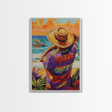 Seaside Man, Sunset, Framed Canvas Print, Vibrant beach artwork, coastal boho decor, hallway wall art, Mexico travel scene painting