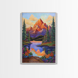 Mountain Sunset, Floral, Lakeview Framed Canvas Print, Bold Nature Landscape, Entryway Autumn Art, Vibrant Boho Wall Decor