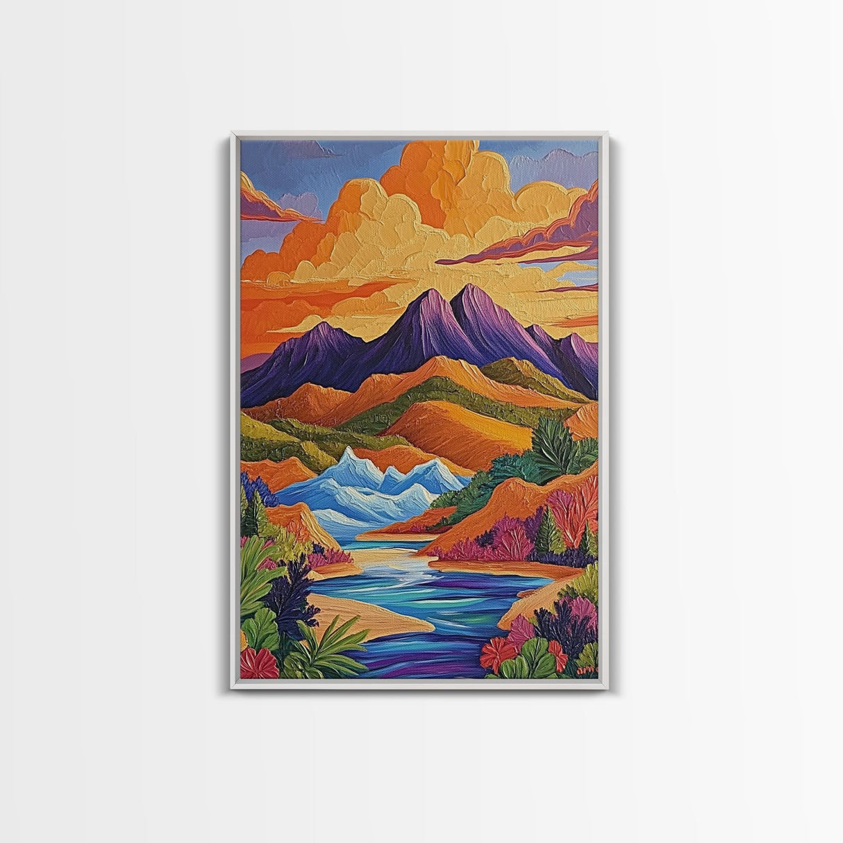 Sunset River, Mountain, Scenic, Framed Canvas Print, Bold Landscape Art, Modern Boho Wall Decor, Nature Scene Living Room Accent