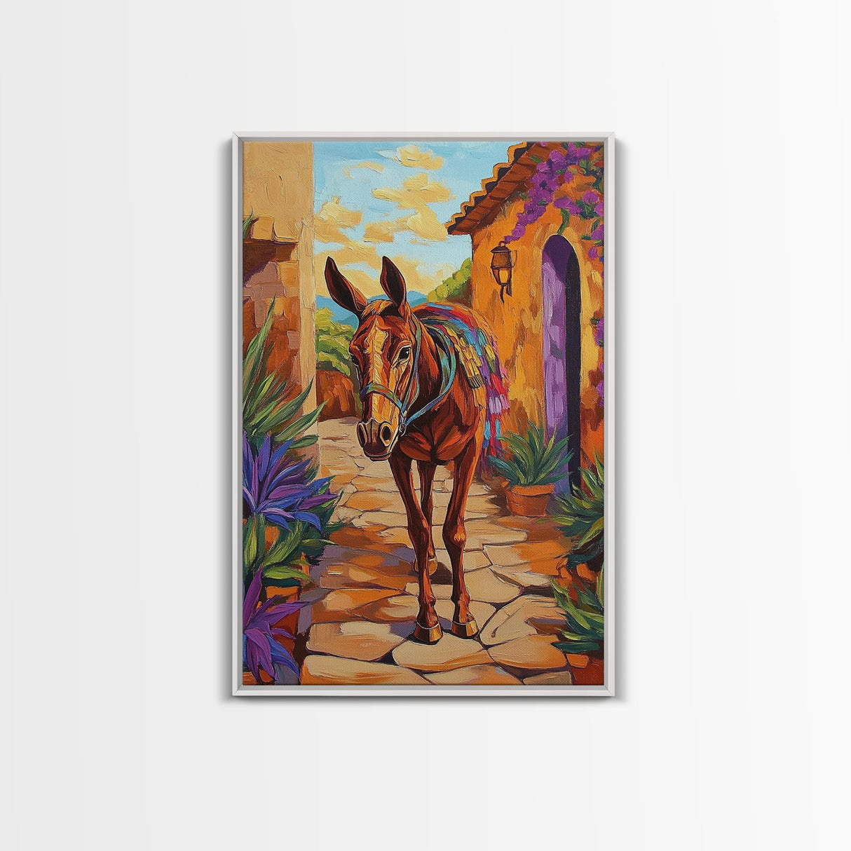 Donkey Village, Rustic, Whimsy, Framed Canvas Print, Southwestern Farmhouse Decor, Colorful Animal Wall Art, Entryway Accent Piece