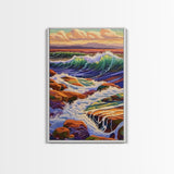 Waves Rocky, Shoreline, Sunset, Framed Canvas Print, Coastal Nature Art, Vibrant Seascape Wall Decor, Bathroom or Living Room Art