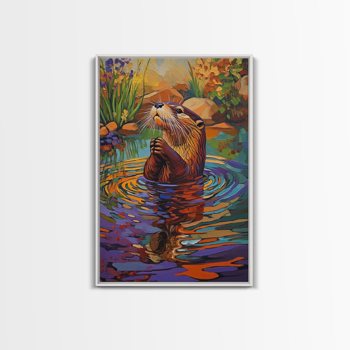 Whimsical Otter Art, Animal Lover Gift, Vibrant Nature Print, Wildlife Decor, Framed Canvas Print, Nursery Wall Art, playful artwork
