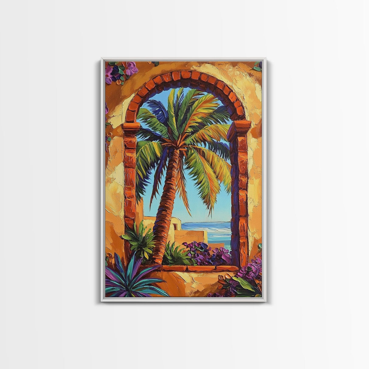Palm Tree, Tropical Window, Coastal Home, Framed Canvas Print, beach wall art, boho art, Mediterranean decor, Kitchen Wall Art