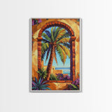 Palm Tree, Tropical Window, Coastal Home, Framed Canvas Print, beach wall art, boho art, Mediterranean decor, Kitchen Wall Art