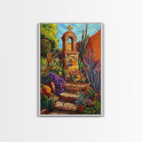 Garden Shrine, Stone Steps, Mission Style, Framed Canvas Print, colorful religious art, desert decor, boho rustic, Living Room Wall Art