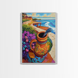 Ocean View, Rustic Charm, Colorful Pottery, Coastal Decor, Framed Canvas Print, Dining Room Wall Art, Mexican Folk Art, vibrant style