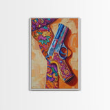 Bold Gun Art, Floral Pistol, Vibrant Western, Pop Art, Framed Canvas Print, Man Cave Wall Art, boho western decor, edgy wall art