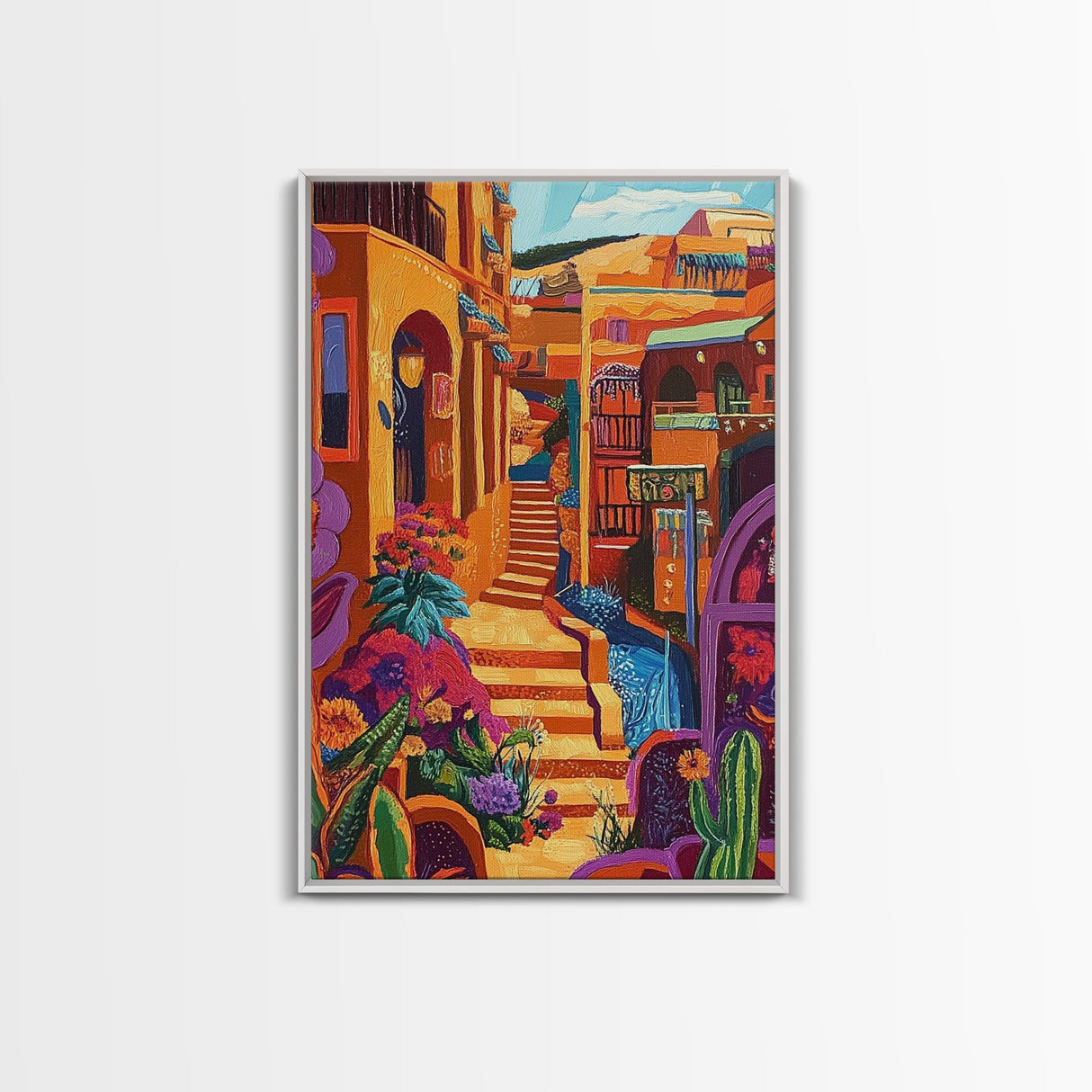 Adobe Village, Desert Color, Southwest Scene, Bright Homes, Framed Canvas Print, Living Room Wall Art, boho rustic art, warm decor