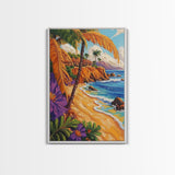 Tropical Beach, Huts, Framed Canvas Print, Island paradise artwork, palm tree coastal decor, bathroom or entryway art, boho summer scene