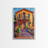 Adobe House, Vibrant Southwest, Fall Architecture Wall Art, Canvas Print, Rustic Staircase Scene, Boho Living Room Decor, Warm Entryway Art