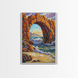 Ocean Arch, Wave Drama, Cliff Coast, Sunset Light, Framed Canvas Print, Living Room Wall Art, Coastal Landscape, Nature Inspired Art