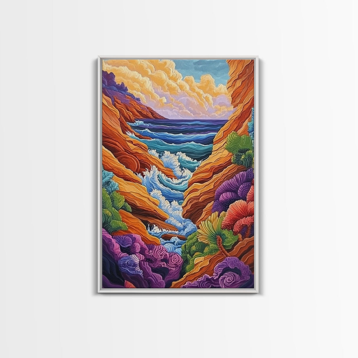 Wild Coast, Ocean Energy, Bold Waves, Colorful Rocks, Canvas Print, Eclectic Wall Art, Coastal Retreat Decor, Psychedelic Ocean Art