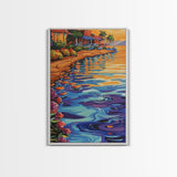 Waterfront Glow, Sunset Village, Palm Colors, Tranquil Scene, Framed Canvas Print, Dining Room Wall Art, Coastal Home Decor, Tropical Vibes