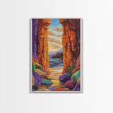Hidden Cove, Rocky Entry, Ocean View, Sunset Moment, Framed Canvas Print, Bedroom Wall Art, Seaside Fantasy, Desert Coastal Decor