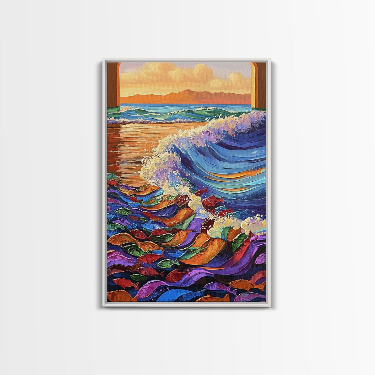 Wave Splash, Colorful Fish, Ocean Dance, Sunset Surf, Framed Canvas Print, Coastal Wall Art, Playroom Decor, Underwater Fantasy Art