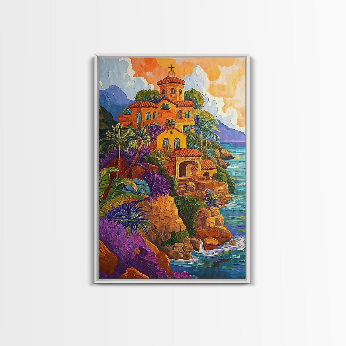 Sunset Mission by Sea, Spanish Coastal Church, Tropical Mountain View, Framed Canvas Print, Living Room Art, Bold Wall Statement