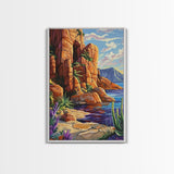 Desert Cliffside, Ocean View, Nature Painting, Colorful Landscape, Living Room Wall Art, Framed Canvas Print, Southwest Home Decor